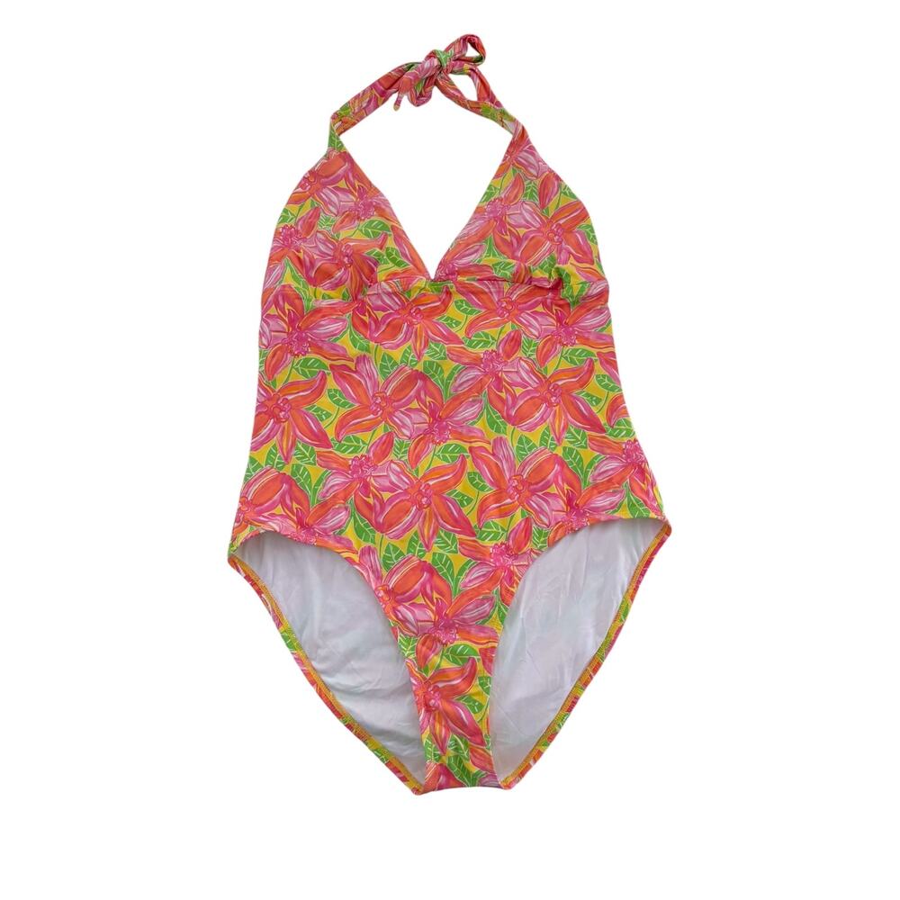 Lilly Pulitzer Hibiscus Plunge One-Piece Swimsuit Women’s XL Pink Yellow Green